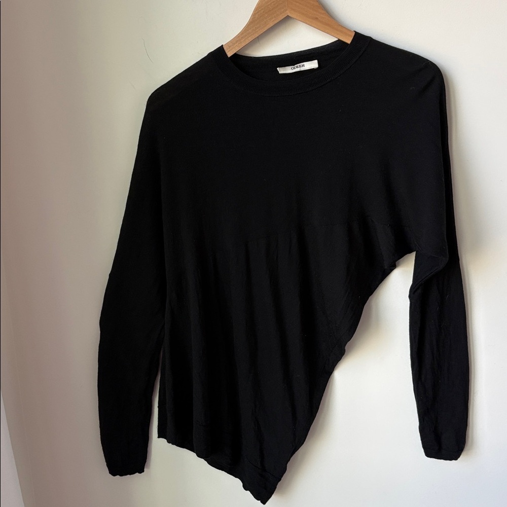 Odeeh Fine Knit 100% Virgin Wool Crew Neck Sweater Black Asymmetric Hem Size L